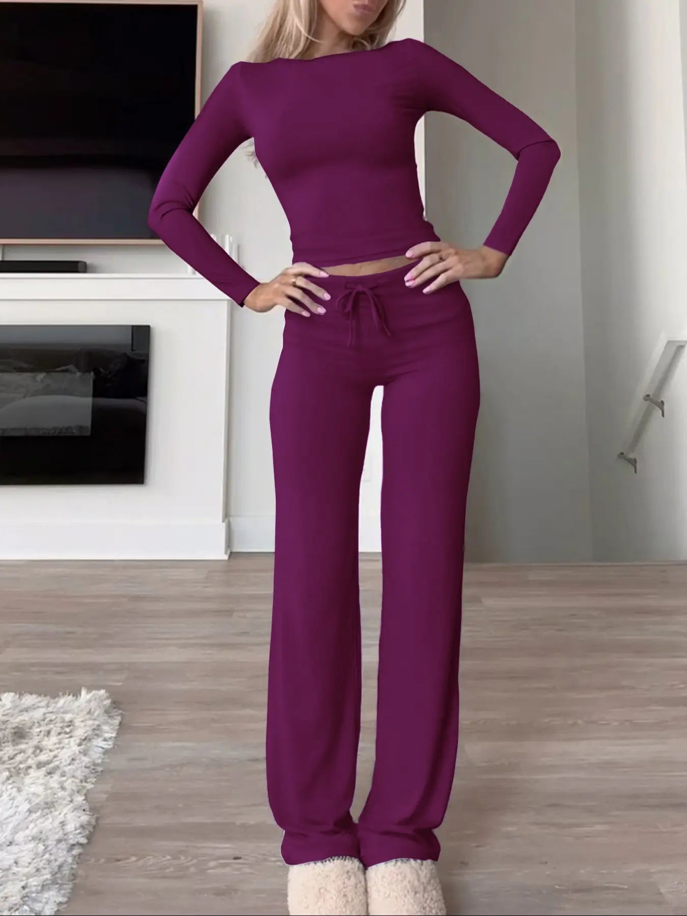 Women's Solid-Color Long-Sleeve Knit Crop Top and High-Waisted Drawstring Pants Two-Piece Set - Casual Slim-Fit Outfit for Fall and Winter