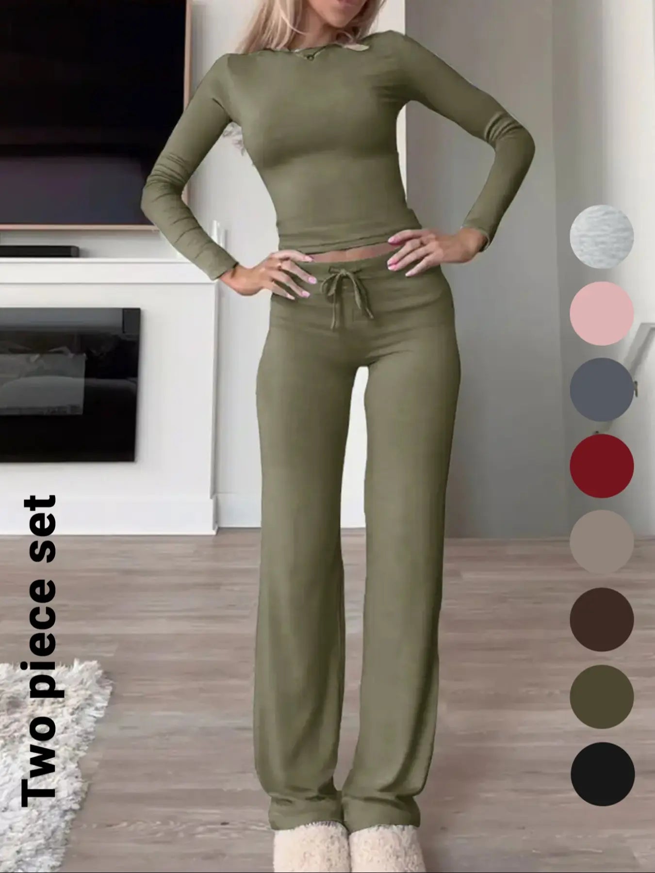 Women's Solid-Color Long-Sleeve Knit Crop Top and High-Waisted Drawstring Pants Two-Piece Set - Casual Slim-Fit Outfit for Fall and Winter