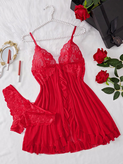 Ladies' Ruffle Trim Cami Nightdress and Bow Decor Panty Set, Elegant Floral Lace Sheer Sleepwear Ensemble, Luxurious Lingerie Collection