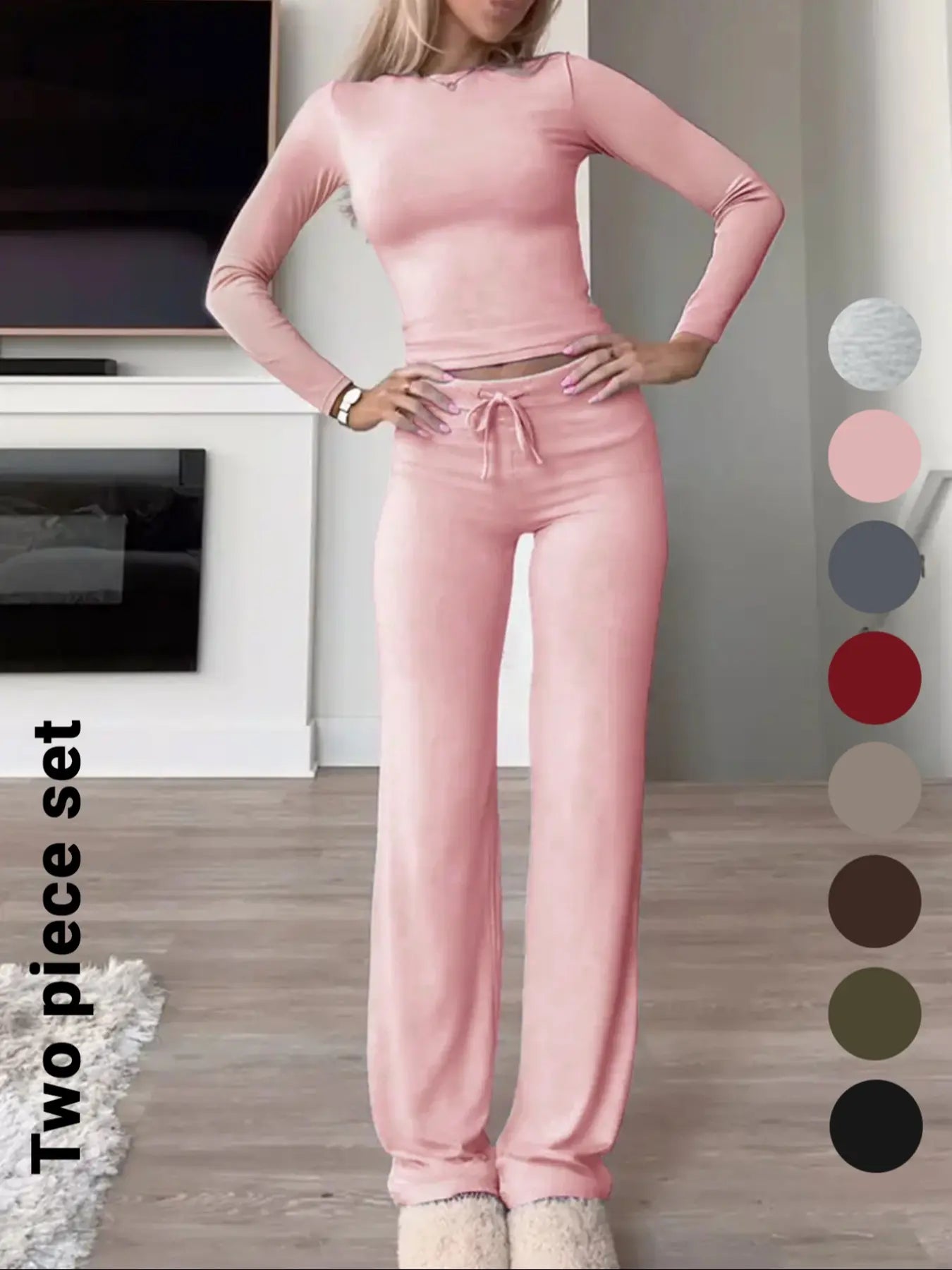 Women's Solid-Color Long-Sleeve Knit Crop Top and High-Waisted Drawstring Pants Two-Piece Set - Casual Slim-Fit Outfit for Fall and Winter