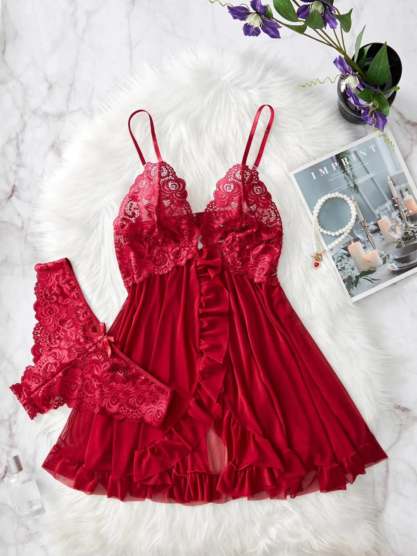 Ladies' Ruffle Trim Cami Nightdress and Bow Decor Panty Set, Elegant Floral Lace Sheer Sleepwear Ensemble, Luxurious Lingerie Collection