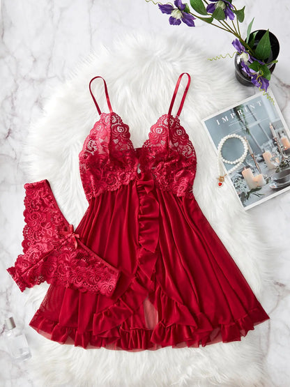 Ladies' Ruffle Trim Cami Nightdress and Bow Decor Panty Set, Elegant Floral Lace Sheer Sleepwear Ensemble, Luxurious Lingerie Collection