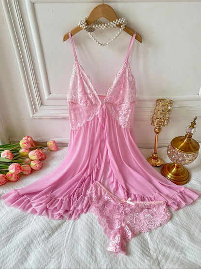 Ladies' Ruffle Trim Cami Nightdress and Bow Decor Panty Set, Elegant Floral Lace Sheer Sleepwear Ensemble, Luxurious Lingerie Collection