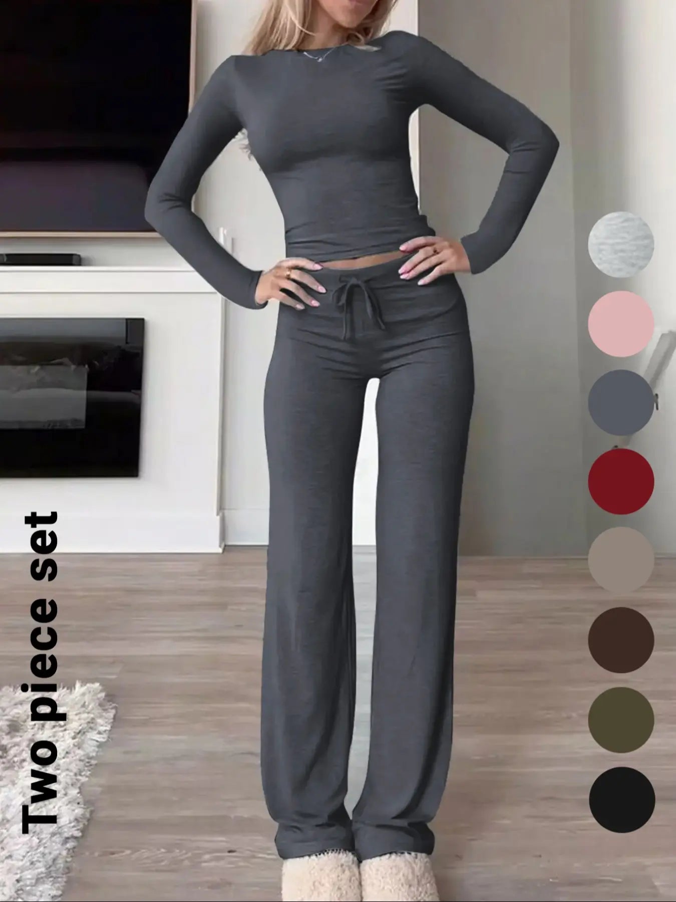 Women's Solid-Color Long-Sleeve Knit Crop Top and High-Waisted Drawstring Pants Two-Piece Set - Casual Slim-Fit Outfit for Fall and Winter