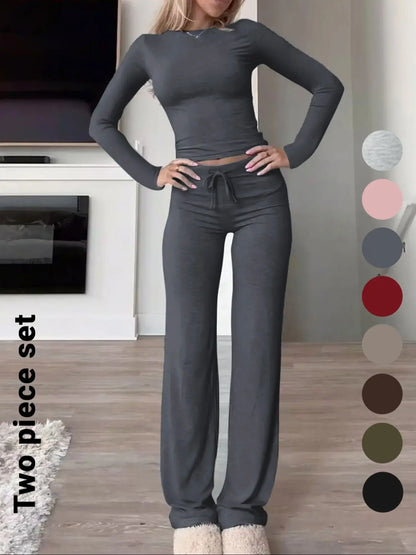 Women's Solid-Color Long-Sleeve Knit Crop Top and High-Waisted Drawstring Pants Two-Piece Set - Casual Slim-Fit Outfit for Fall and Winter