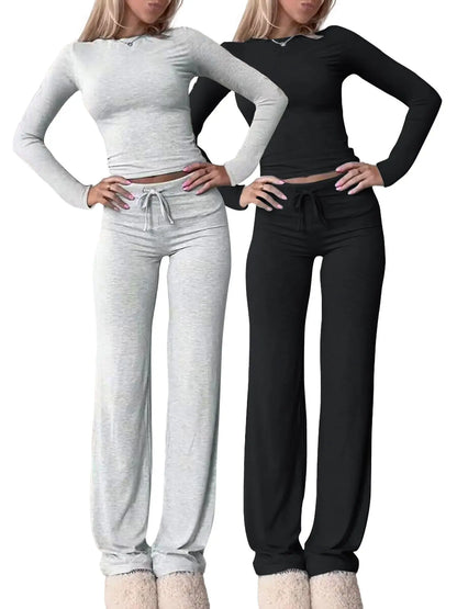 Women's Solid-Color Long-Sleeve Knit Crop Top and High-Waisted Drawstring Pants Two-Piece Set - Casual Slim-Fit Outfit for Fall and Winter