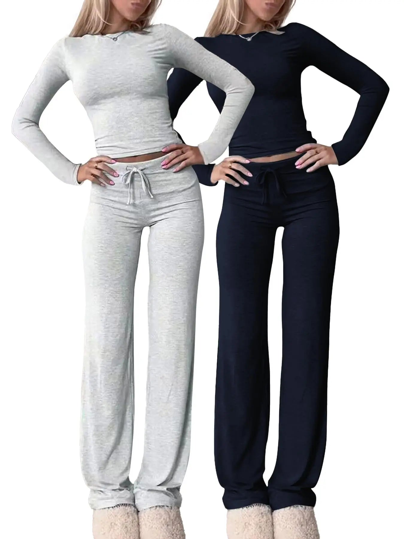 Women's Solid-Color Long-Sleeve Knit Crop Top and High-Waisted Drawstring Pants Two-Piece Set - Casual Slim-Fit Outfit for Fall and Winter