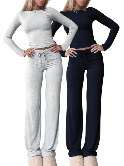 Women's Solid-Color Long-Sleeve Knit Crop Top and High-Waisted Drawstring Pants Two-Piece Set - Casual Slim-Fit Outfit for Fall and Winter