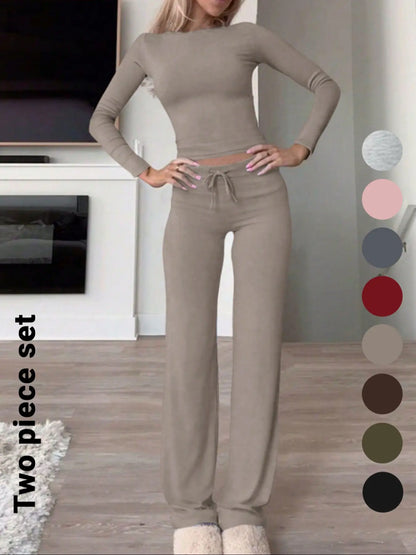 Women's Solid-Color Long-Sleeve Knit Crop Top and High-Waisted Drawstring Pants Two-Piece Set - Casual Slim-Fit Outfit for Fall and Winter