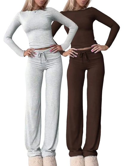 Women's Solid-Color Long-Sleeve Knit Crop Top and High-Waisted Drawstring Pants Two-Piece Set - Casual Slim-Fit Outfit for Fall and Winter