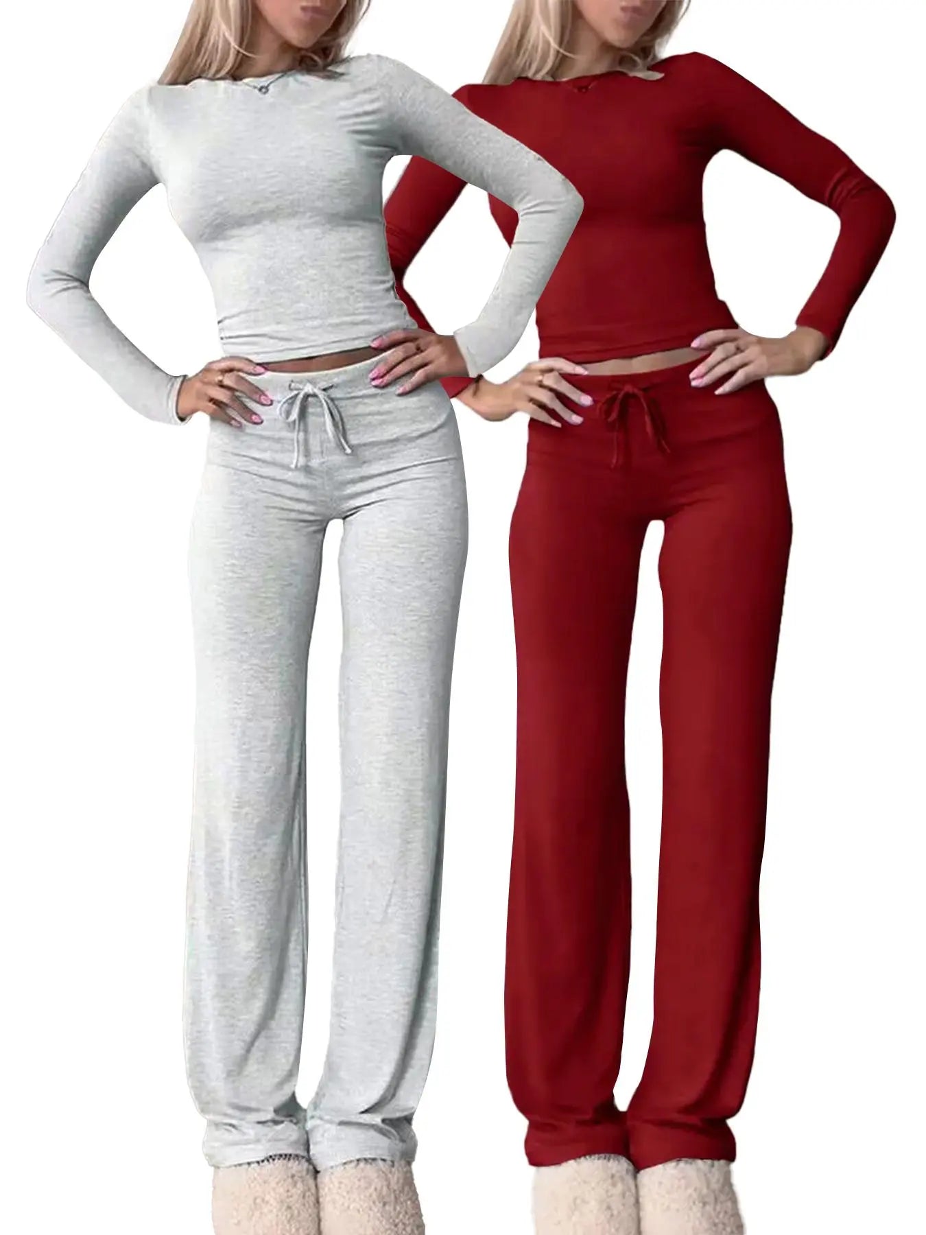Women's Solid-Color Long-Sleeve Knit Crop Top and High-Waisted Drawstring Pants Two-Piece Set - Casual Slim-Fit Outfit for Fall and Winter