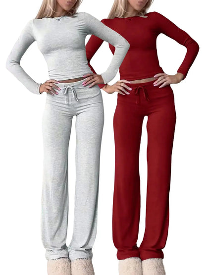 Women's Solid-Color Long-Sleeve Knit Crop Top and High-Waisted Drawstring Pants Two-Piece Set - Casual Slim-Fit Outfit for Fall and Winter
