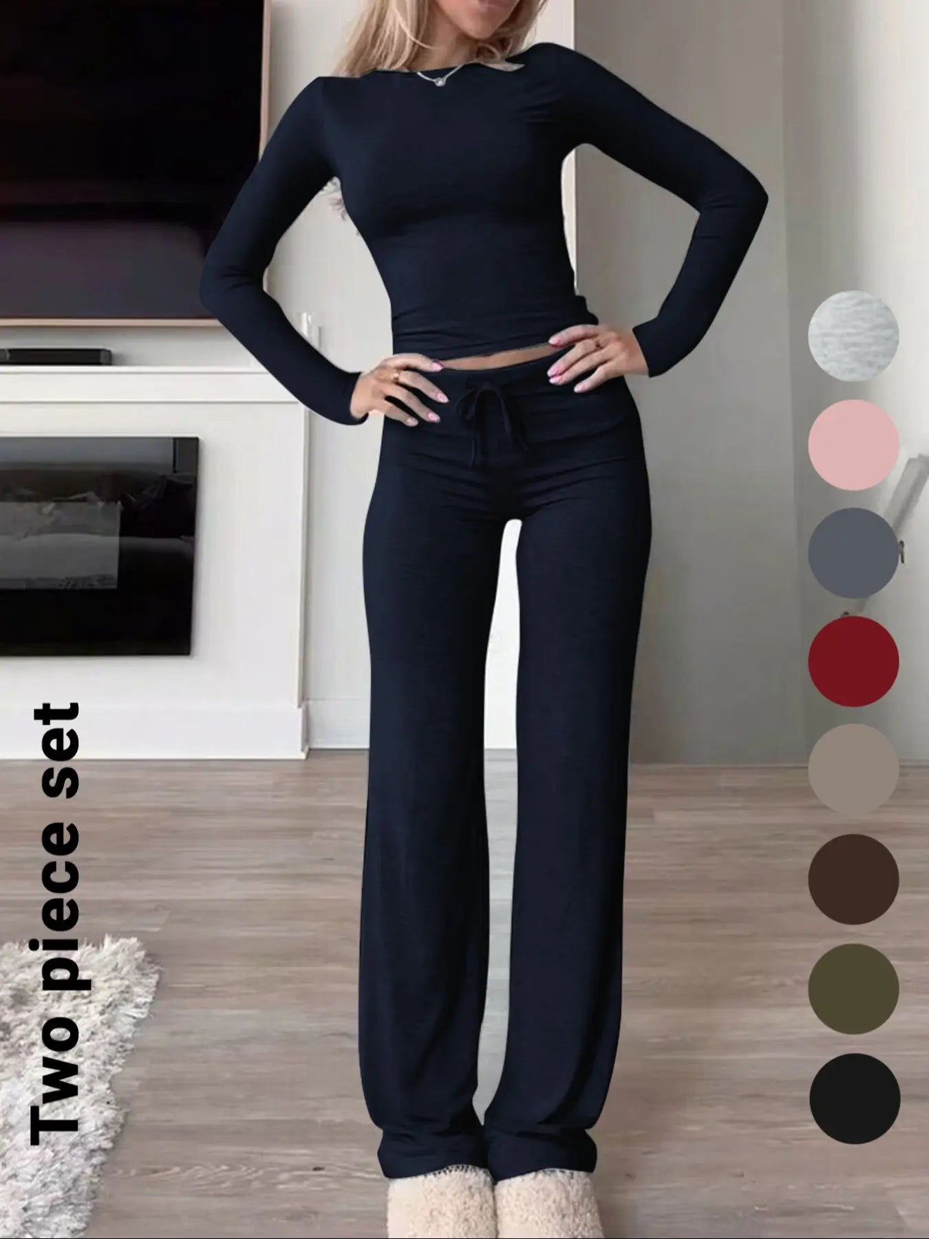 Women's Solid-Color Long-Sleeve Knit Crop Top and High-Waisted Drawstring Pants Two-Piece Set - Casual Slim-Fit Outfit for Fall and Winter