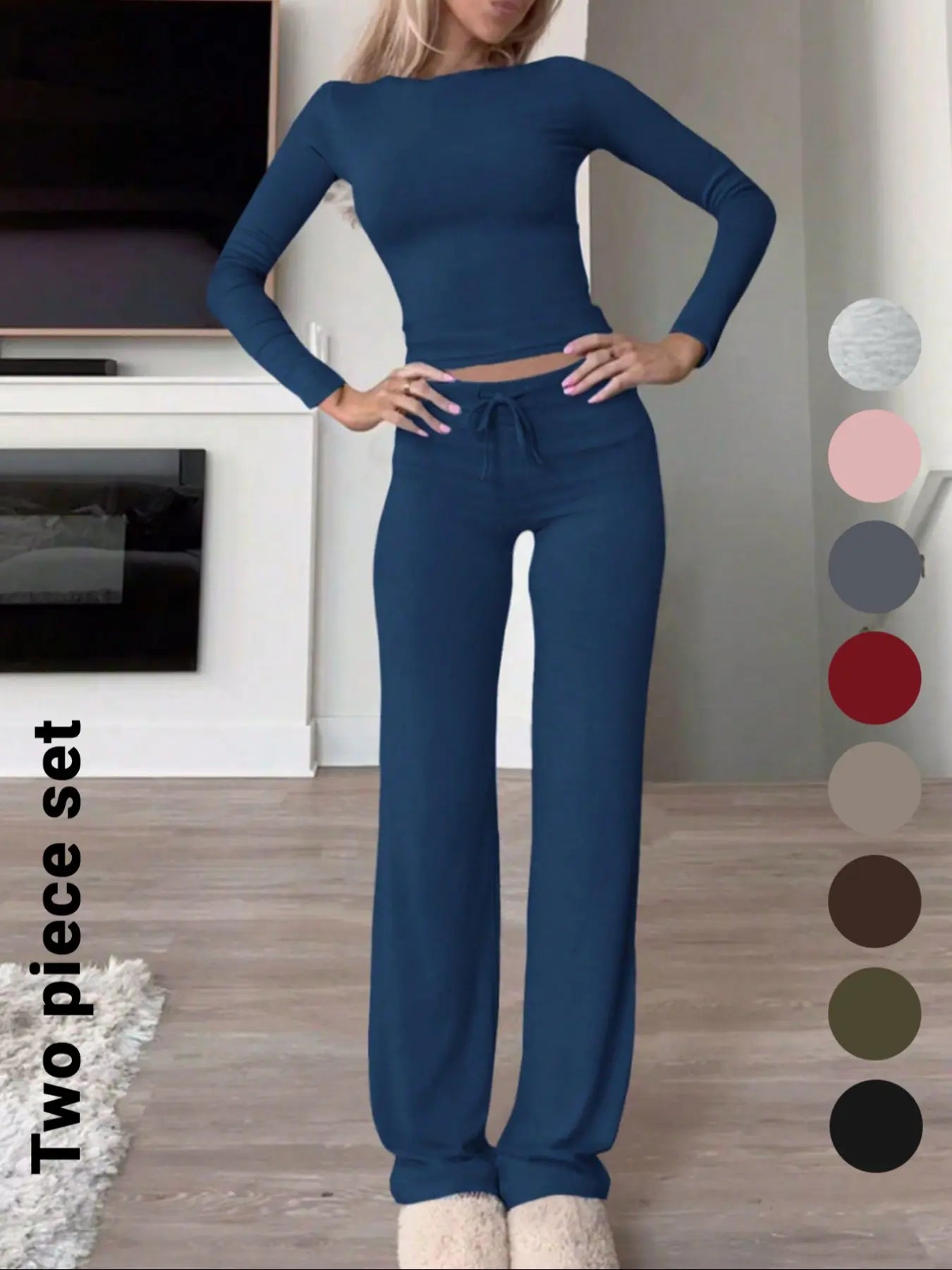 Women's Solid-Color Long-Sleeve Knit Crop Top and High-Waisted Drawstring Pants Two-Piece Set - Casual Slim-Fit Outfit for Fall and Winter