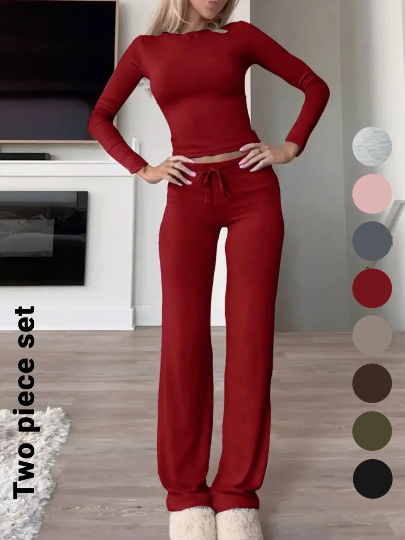 Women's Solid-Color Long-Sleeve Knit Crop Top and High-Waisted Drawstring Pants Two-Piece Set - Casual Slim-Fit Outfit for Fall and Winter