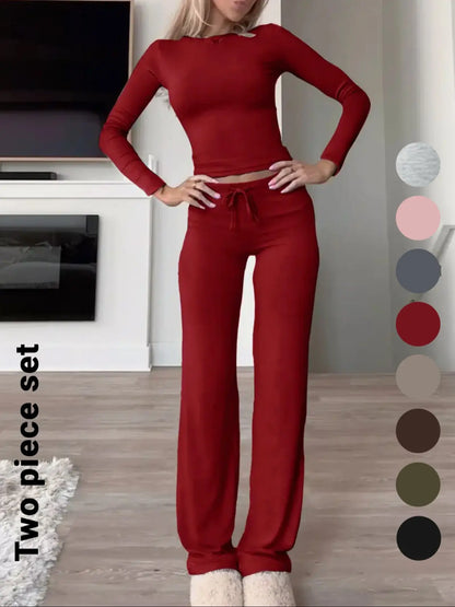 Women's Solid-Color Long-Sleeve Knit Crop Top and High-Waisted Drawstring Pants Two-Piece Set - Casual Slim-Fit Outfit for Fall and Winter