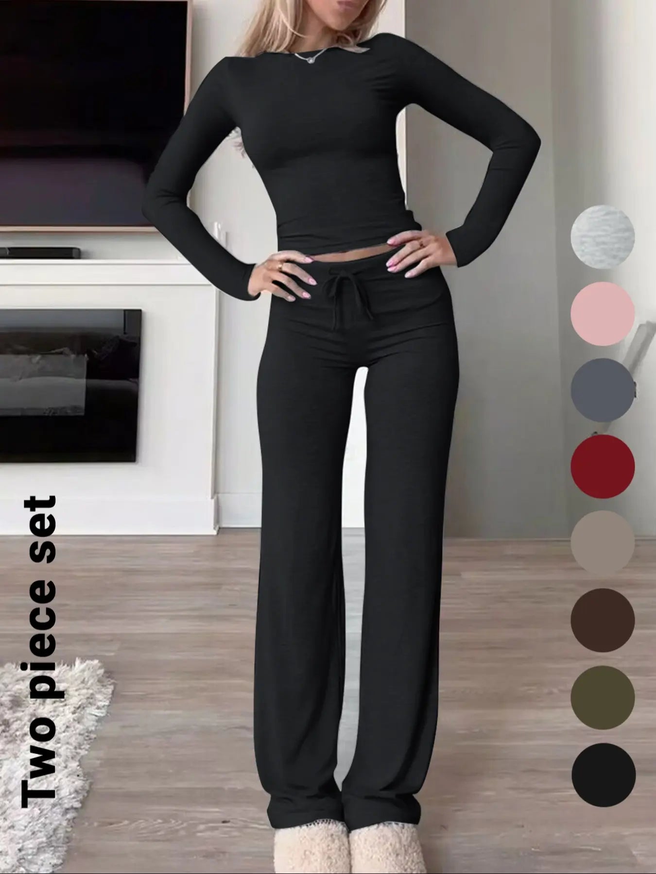Women's Solid-Color Long-Sleeve Knit Crop Top and High-Waisted Drawstring Pants Two-Piece Set - Casual Slim-Fit Outfit for Fall and Winter