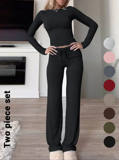 Women's Solid-Color Long-Sleeve Knit Crop Top and High-Waisted Drawstring Pants Two-Piece Set - Casual Slim-Fit Outfit for Fall and Winter