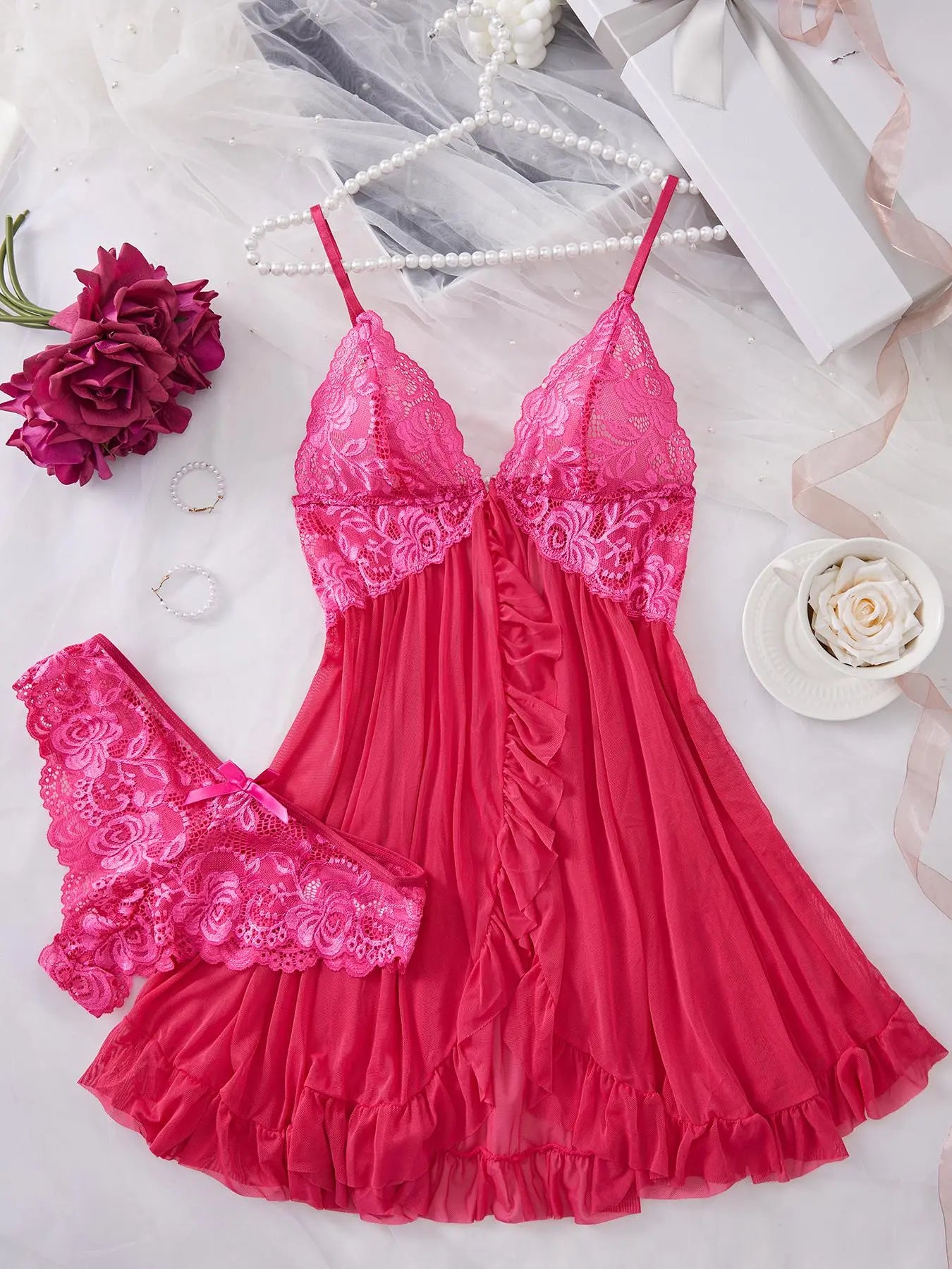 Ladies' Ruffle Trim Cami Nightdress and Bow Decor Panty Set, Elegant Floral Lace Sheer Sleepwear Ensemble, Luxurious Lingerie Collection