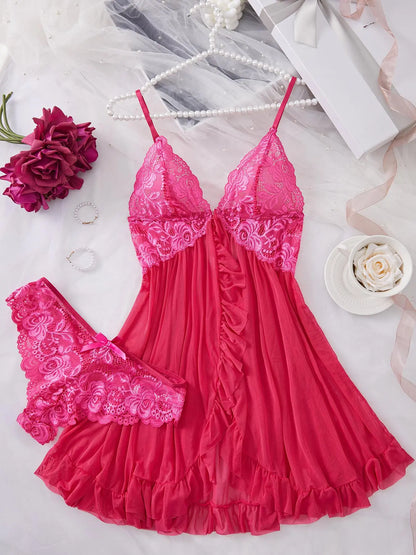 Ladies' Ruffle Trim Cami Nightdress and Bow Decor Panty Set, Elegant Floral Lace Sheer Sleepwear Ensemble, Luxurious Lingerie Collection