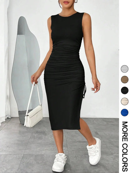 Women's Sleeveless Drawstring Ruched Bodycon Tank Dress with Split Thigh - Casual Summer Sundress