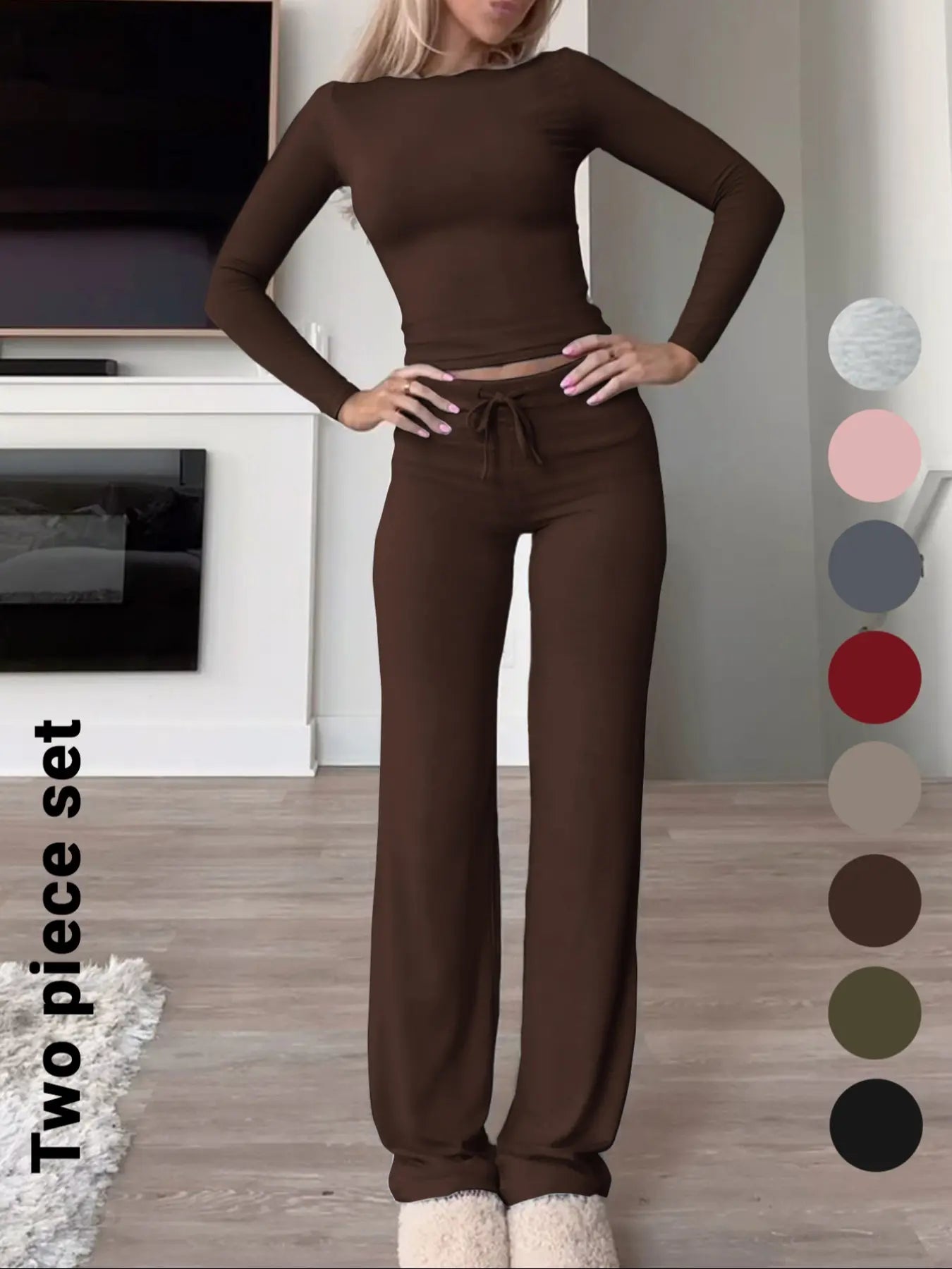 Women's Solid-Color Long-Sleeve Knit Crop Top and High-Waisted Drawstring Pants Two-Piece Set - Casual Slim-Fit Outfit for Fall and Winter