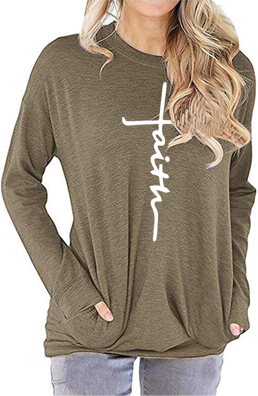 Women's Casual Faith Graphic Round Neck Sweatshirt with Pocket