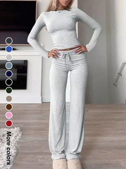 Women's Solid-Color Long-Sleeve Knit Crop Top and High-Waisted Drawstring Pants Two-Piece Set - Casual Slim-Fit Outfit for Fall and Winter