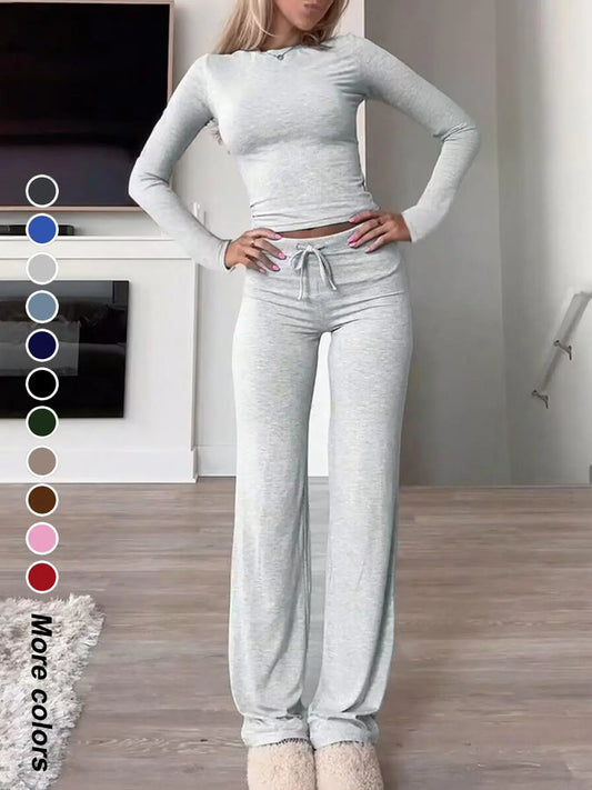 Women's Solid-Color Long-Sleeve Knit Crop Top and High-Waisted Drawstring Pants Two-Piece Set - Casual Slim-Fit Outfit for Fall and Winter