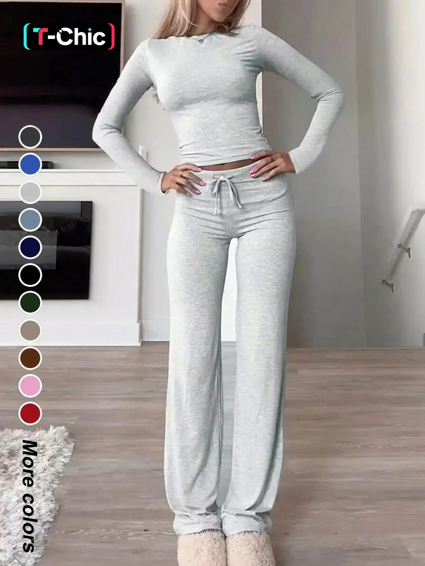 Women's Solid-Color Long-Sleeve Knit Crop Top and High-Waisted Drawstring Pants Two-Piece Set - Casual Slim-Fit Outfit for Fall and Winter