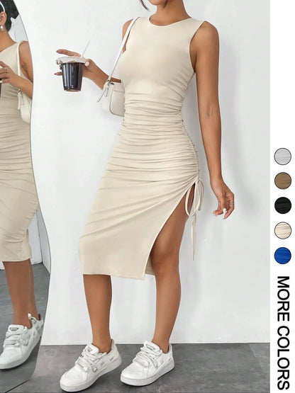 Women's Sleeveless Drawstring Ruched Bodycon Tank Dress with Split Thigh - Casual Summer Sundress