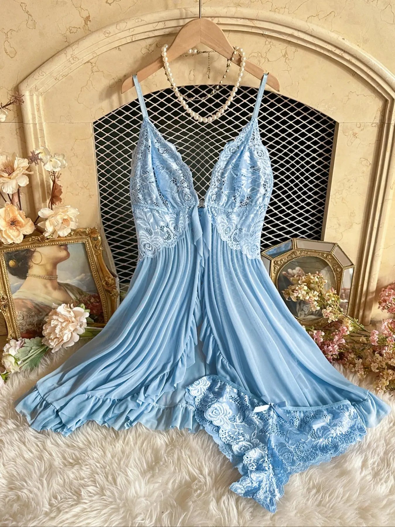Ladies' Ruffle Trim Cami Nightdress and Bow Decor Panty Set, Elegant Floral Lace Sheer Sleepwear Ensemble, Luxurious Lingerie Collection