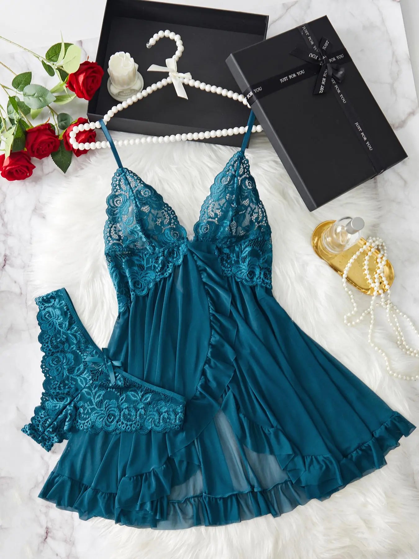 Ladies' Ruffle Trim Cami Nightdress and Bow Decor Panty Set, Elegant Floral Lace Sheer Sleepwear Ensemble, Luxurious Lingerie Collection