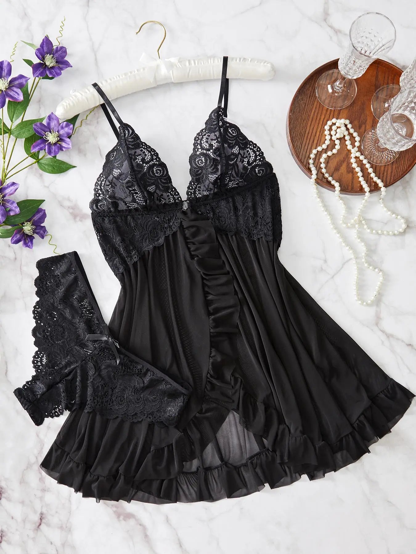 Ladies' Ruffle Trim Cami Nightdress and Bow Decor Panty Set, Elegant Floral Lace Sheer Sleepwear Ensemble, Luxurious Lingerie Collection