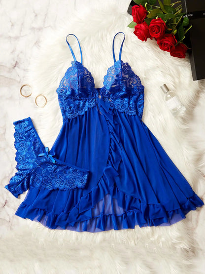 Ladies' Ruffle Trim Cami Nightdress and Bow Decor Panty Set, Elegant Floral Lace Sheer Sleepwear Ensemble, Luxurious Lingerie Collection
