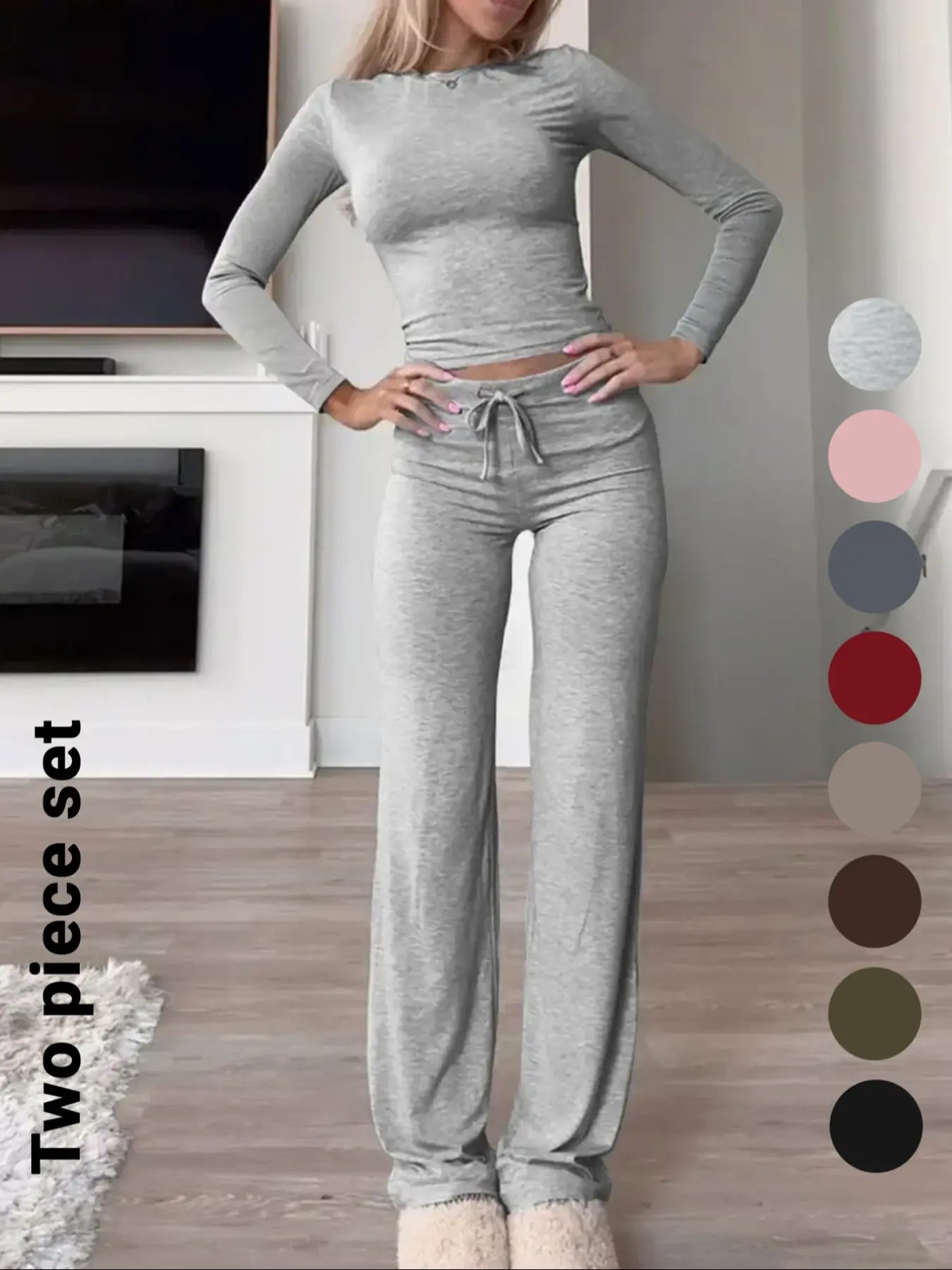Women's Solid-Color Long-Sleeve Knit Crop Top and High-Waisted Drawstring Pants Two-Piece Set - Casual Slim-Fit Outfit for Fall and Winter