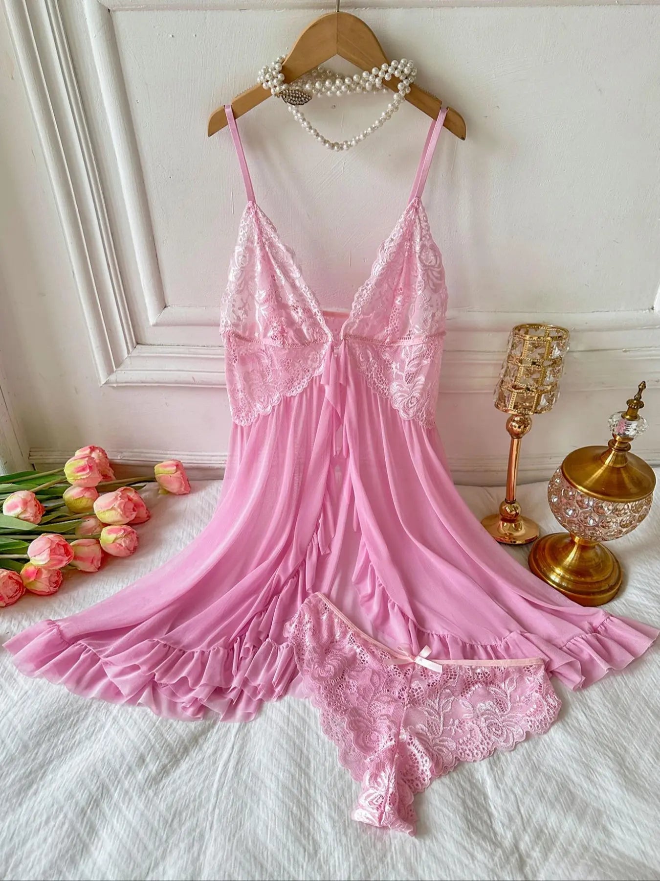 Ladies' Ruffle Trim Cami Nightdress and Bow Decor Panty Set, Elegant Floral Lace Sheer Sleepwear Ensemble, Luxurious Lingerie Collection
