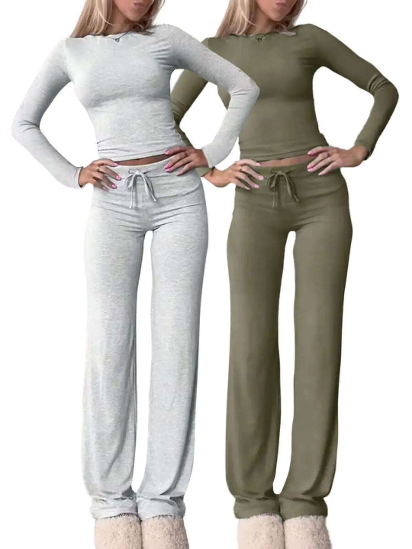 Women's Solid-Color Long-Sleeve Knit Crop Top and High-Waisted Drawstring Pants Two-Piece Set - Casual Slim-Fit Outfit for Fall and Winter