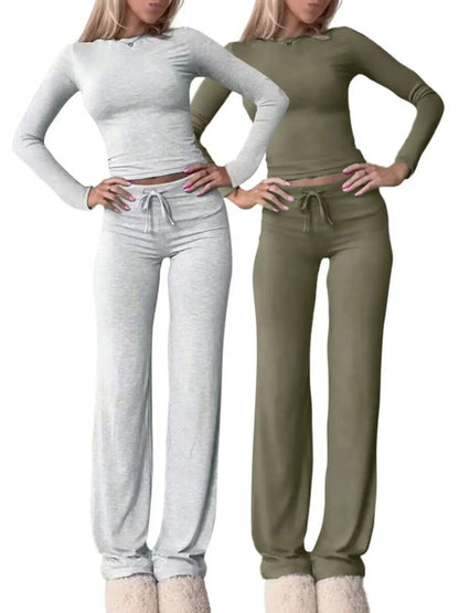 Women's Solid-Color Long-Sleeve Knit Crop Top and High-Waisted Drawstring Pants Two-Piece Set - Casual Slim-Fit Outfit for Fall and Winter