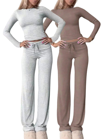 Women's Solid-Color Long-Sleeve Knit Crop Top and High-Waisted Drawstring Pants Two-Piece Set - Casual Slim-Fit Outfit for Fall and Winter