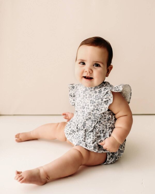 City Mouse Studio - Flutter Sleeve Short Romper- Calico Floral Robin's Egg - Image 2
