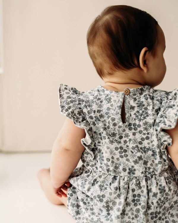 City Mouse Studio - Flutter Sleeve Short Romper- Calico Floral Robin's Egg - Image 3